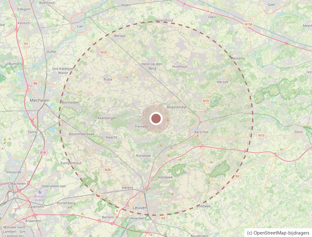 Kaart van de regio rond de psychologenpraktijk in Baal, Tremelo: een cirkel van 15 kilometer van Heist-op-den-Berg en Herselt tot Leuven, Haacht en Keerbergen